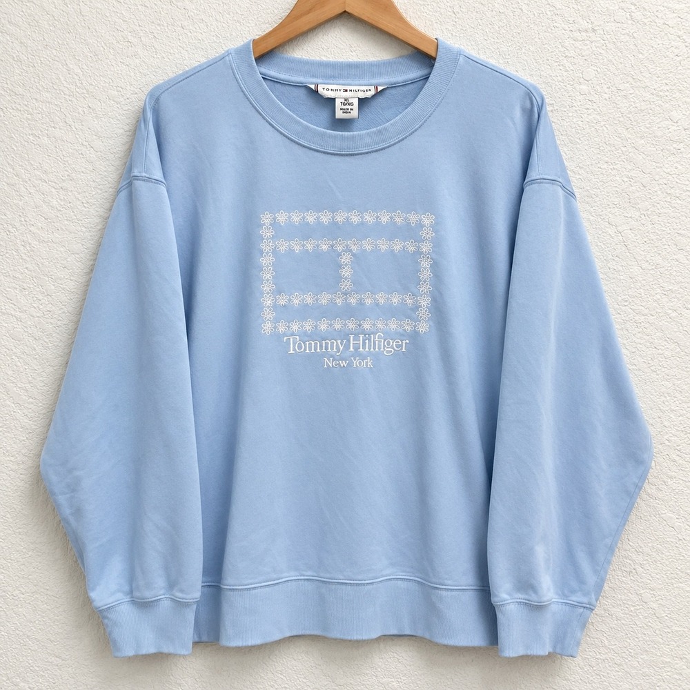 Tommy Hilfiger Embroidered Floral Flag Logo Sweatshirt XL Blue Crewneck Pullover